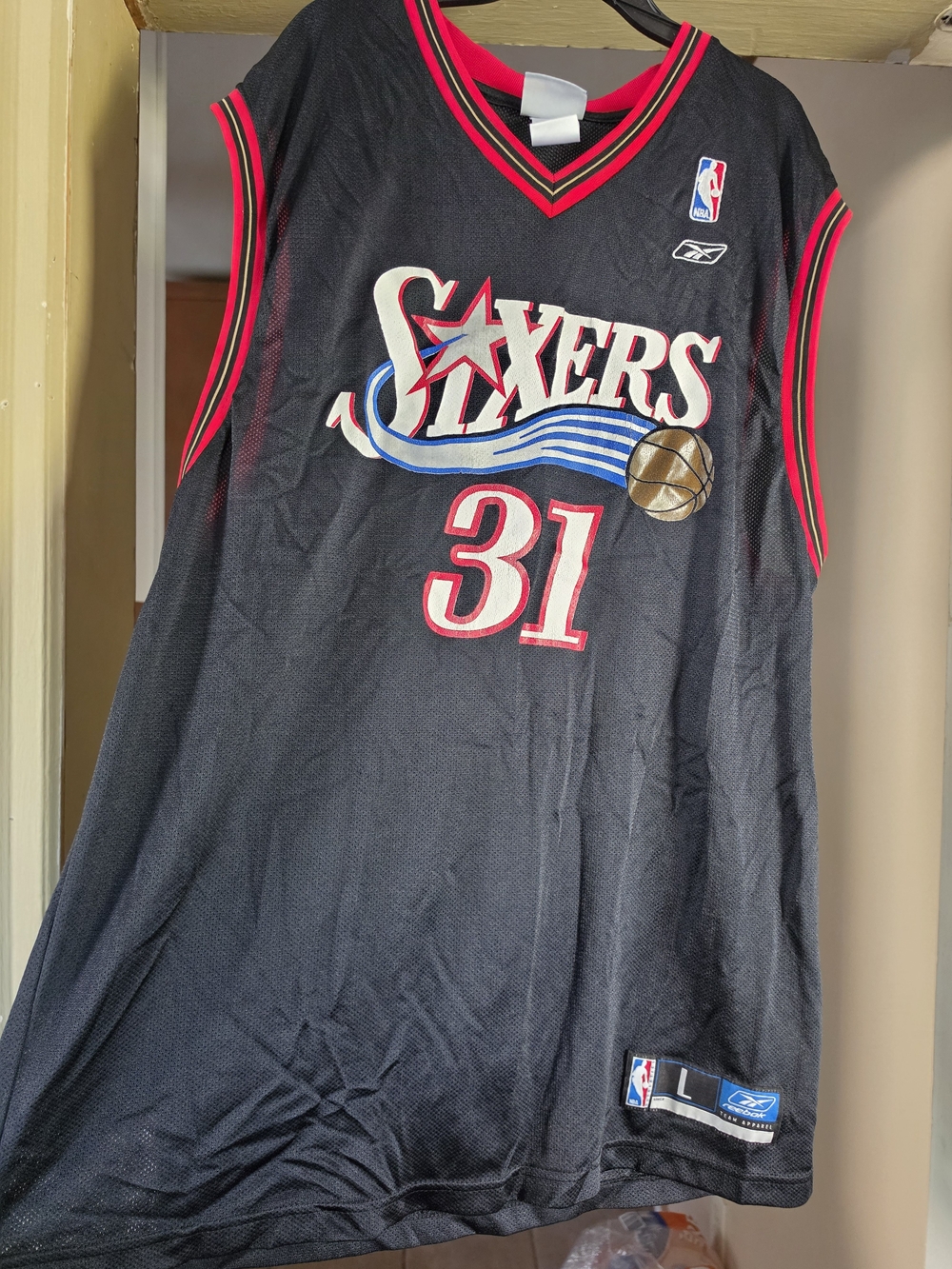 Reebok Black Philadelphia 76ers #31 Mesh Basketball Jersey with Red Accents